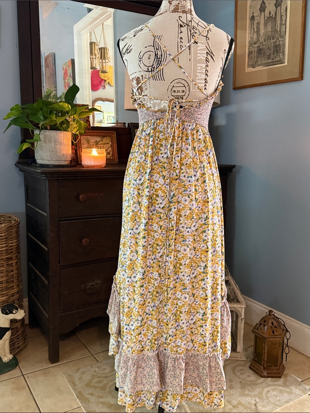 GiGiO Floral Smocked Ruffle Maxi Dress Cottagecore Boho Small - Picture 10 of 16